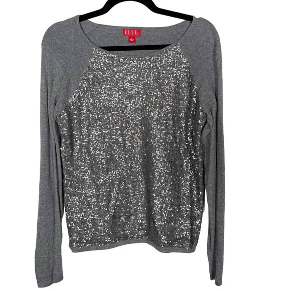 Elle Womens Medium M Gray Sequin Pullover Sweater Long Sleeve Cotton Blend - Picture 1 of 7